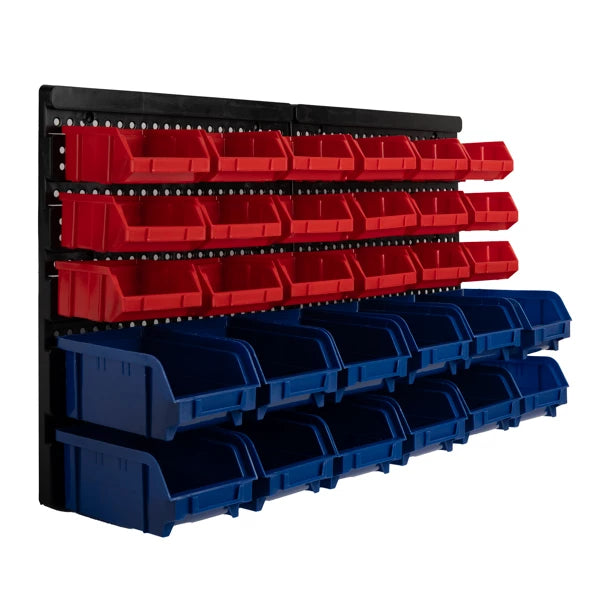 Organizator perete, cu 30 cutii de depozitare, suport scule si accesorii atelier, dimensiune 70x50x70 cm