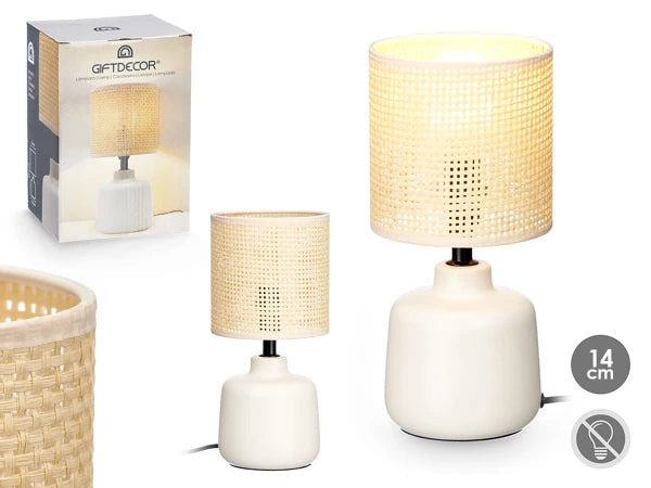 Veioza ceramica alba cu abajur galben, 29.5 cm, E27, 60W, design rotund modern