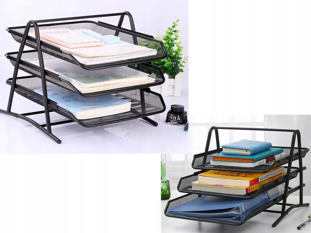 Organizator birou metalic cu 3 sertare pentru documente A4, plasa metalica, negru