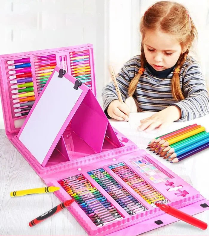 Set Desen si Pictura Flippy 208 Piese, Servieta cu Sevalet, Creioane Colorate, Carioci, Acuarele, Pasteluri, Accesorii, 15 Coli A4, 3-12 Ani, Roz