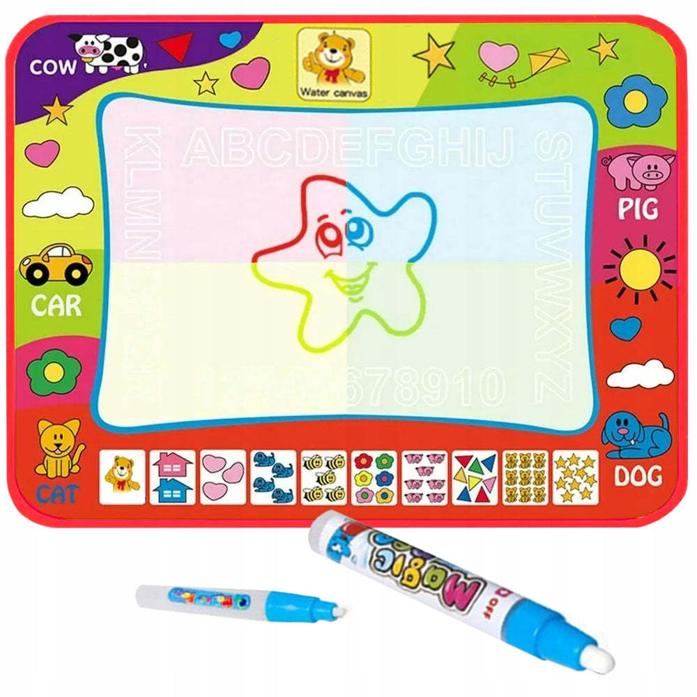 Covor de desen magic cu apa, educational, 80x60 cm, litere mari, cifre si forme, 2 markere incluse, reutilizabil, pentru copii