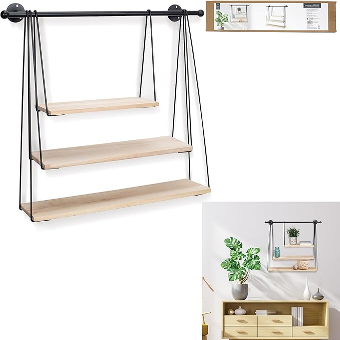 Etajera de perete GIFTDECOR, Leagan cu fir, metal si lemn, 67.5x62 cm, stil modern, negru-natur