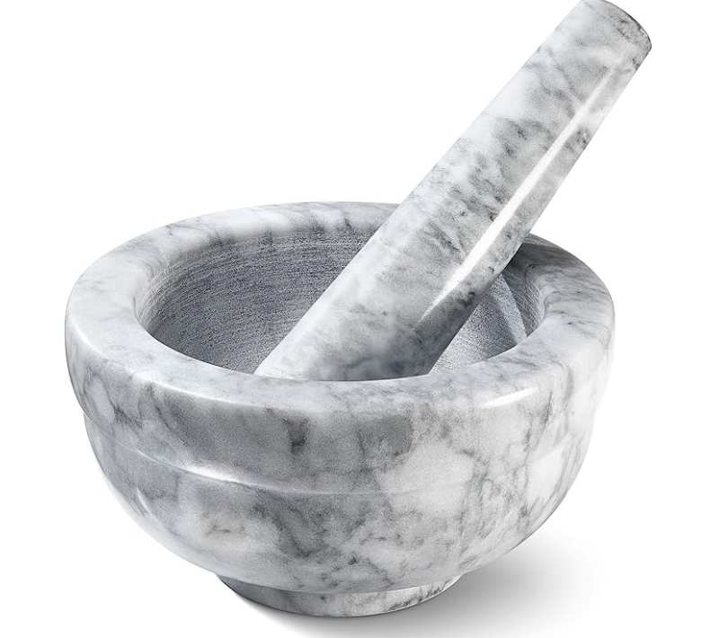 Set mojar si pisalog, 2 piese, aspect marmura, gri-negru, ceramica