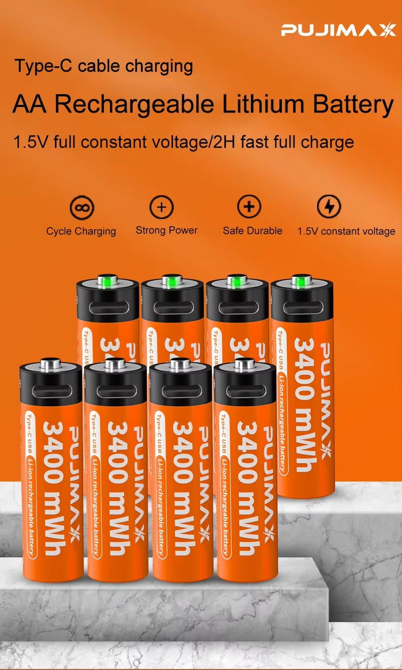Set 4 Acumulatori AA Li-ion Reincarcabili PUJIMAX, 1.5V, 3400mWh, Incarcare USB-C, Cablu 4 in 1 Inclus, Compatibil Universal