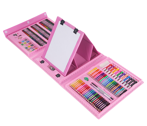 Set Desen si Pictura Flippy 208 Piese, Servieta cu Sevalet, Creioane Colorate, Carioci, Acuarele, Pasteluri, Accesorii, 15 Coli A4, 3-12 Ani, Roz