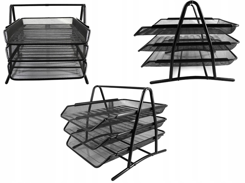Organizator birou metalic cu 3 sertare pentru documente A4, plasa metalica, negru