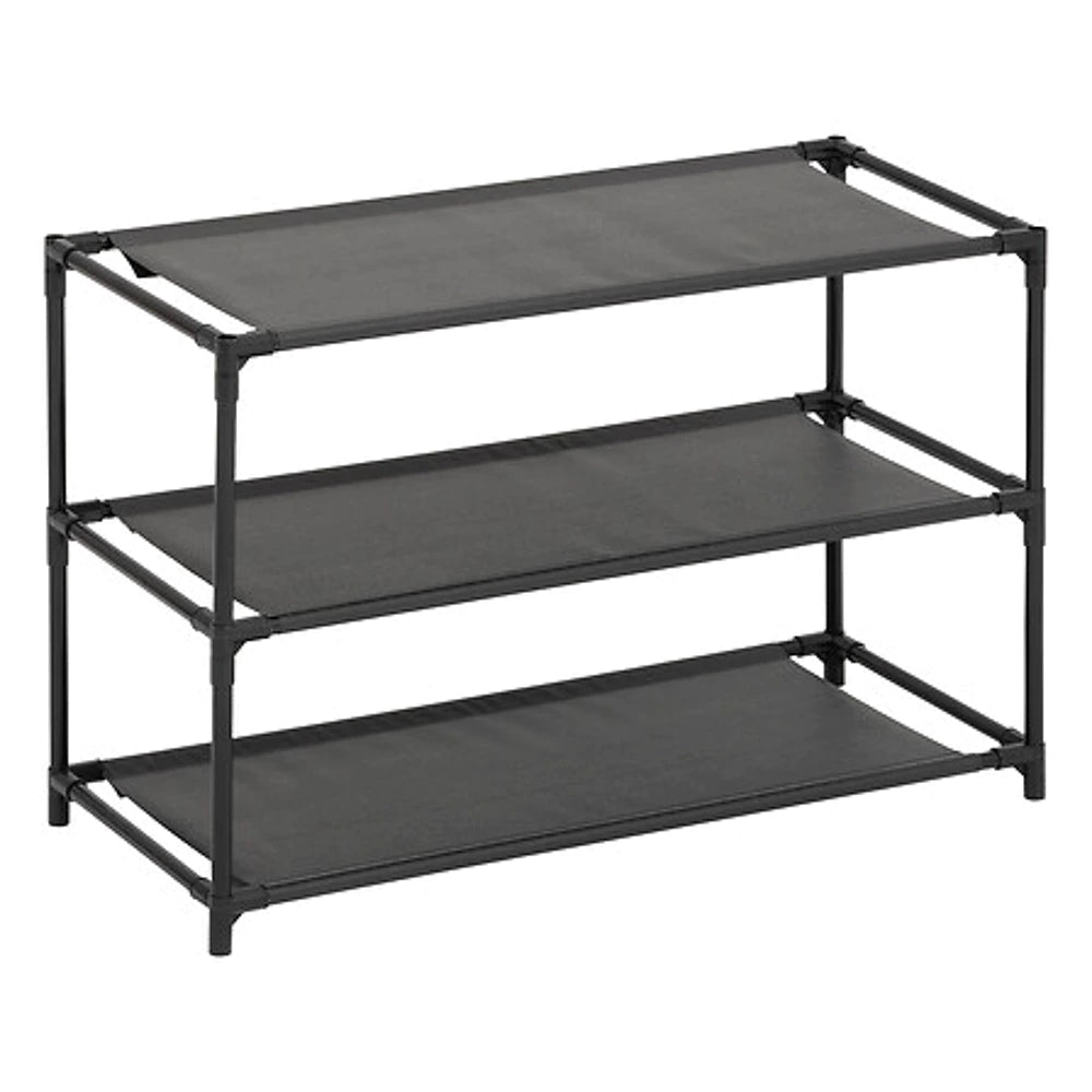 Etajera pentru pantofi cu 3 compartimente, material textil si cadru metalic, negru, 57x25x39 cm