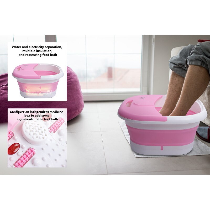 Vas de masaj pentru picioare pliabil cu incalzire, bule si role de masaj, 15L, 500W, Culoare Roz