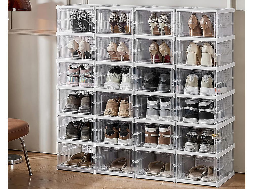 Raft pantofi 6 niveluri, organizator modular transparent, usor de asamblat, Alb, 26x35x105 cm