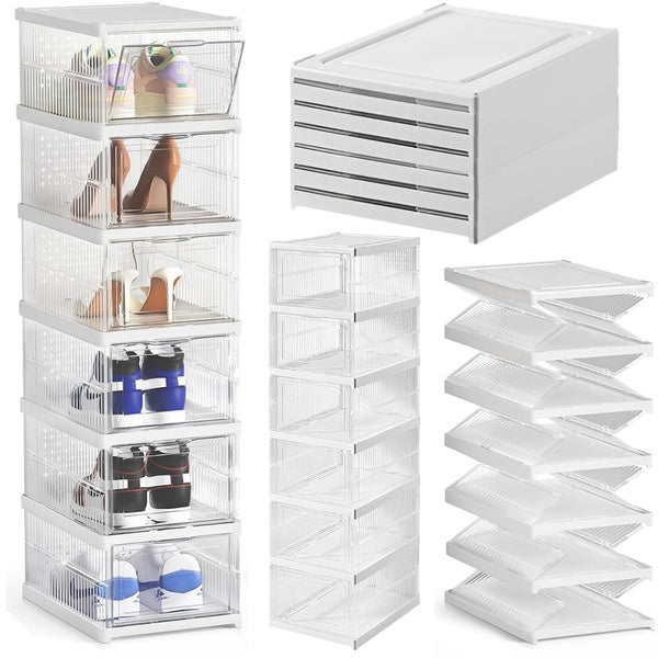 Raft pantofi 6 niveluri, organizator modular transparent, usor de asamblat, Alb, 26x35x105 cm