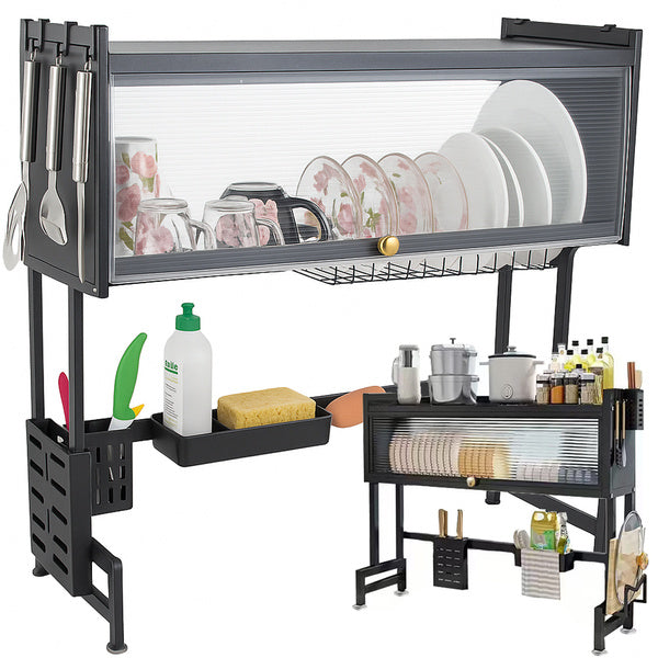 Uscator vase si farfurii 65 cm, organizator mare deasupra chiuvetei, cu usa transparenta si ventuze antialunecare